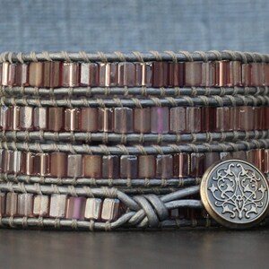 wrap bracelet- mixed purple tile beads on silver leather- bohemian jewelry - stained glass - beach glass image 3