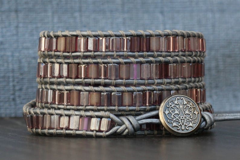 wrap bracelet- mixed purple tile beads on silver leather- bohemian jewelry - stained glass - beach glass image 3
