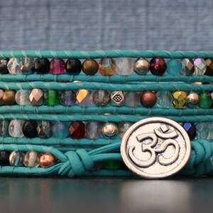 OM bracelet - mixed rainbow crystal wrap bracelet on turquoise leather - yoga jewelry - beaded jewelry inspired by India