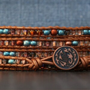 READY TO SHIP wrap bracelet- copper and aqua seed bead mix on copper leather- fall fashion - modern bohemian beaded jewelry - burnt orange