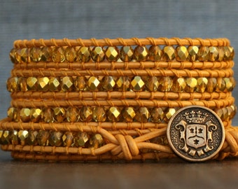 wrap bracelet- gold crystal on gold leather- beaded leather and crystal - bohemian jewelry