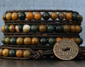dragon bracelet - golden ocean jasper wrap on black brown leather - green gold ochre - beaded leather jewelry - mens or womens