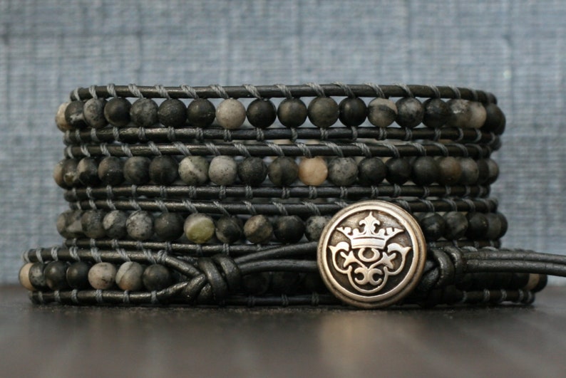 wrap bracelet black grey marble on pewter leather beaded leather gypsy bohemian boho men or women crown button image 1