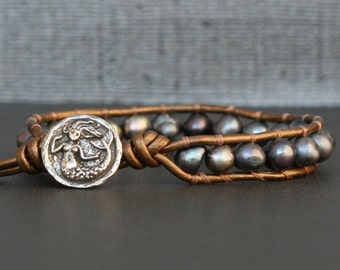 Peacock Pearl Leather Wrap Bracelet – Artisan Mermaid Button