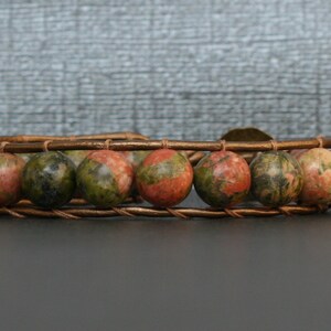 unakite bracelet single wrap on bronze leather bronze button pink green beaded image 2