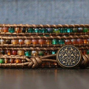 READY TO SHIP boho wrap bracelet - mixed green, gold and brown shades on bronze leather bracelet - rich jewel tone beaded leather jewelry