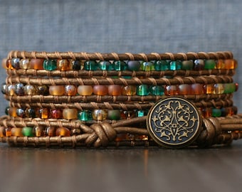 boho wrap bracelet - mixed green, gold and brown shades on bronze leather wrap bracelet - rich jewel tone beaded leather jewelry
