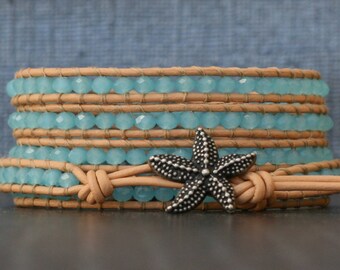 starfish bracelet- sea glass blue crystal on peach leather - beach jewlery - boho gypsy bohemian - beaded