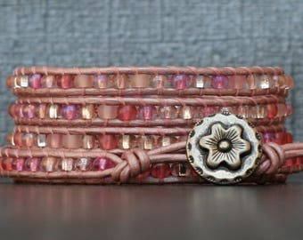 mixed pink seed beads on blush pink leather - beaded simple casual bohemian jewelry - flower bracelet
