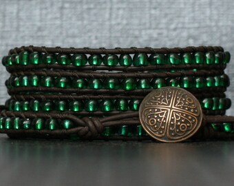 Celtic węzeł bransoleta-Emerald zielony koraliki nasion na czarno-brązowy skórzana bransoletka-St patrick's Day Biżuteria