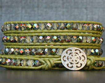 boho jewelry - wrap bracelet - light green leather and clear iridescent crystal - spring green, pear, green apple - beaded