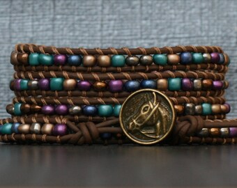 beaded leather bracelet - soft rainbow metallic seed beads on chocolate leather - simple casual bohemian jewelry - horse bracelet