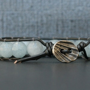 aquamarine bracelet single wrap bangle on pewter leather boho gypsy bohemian beach jewelry light blue image 4