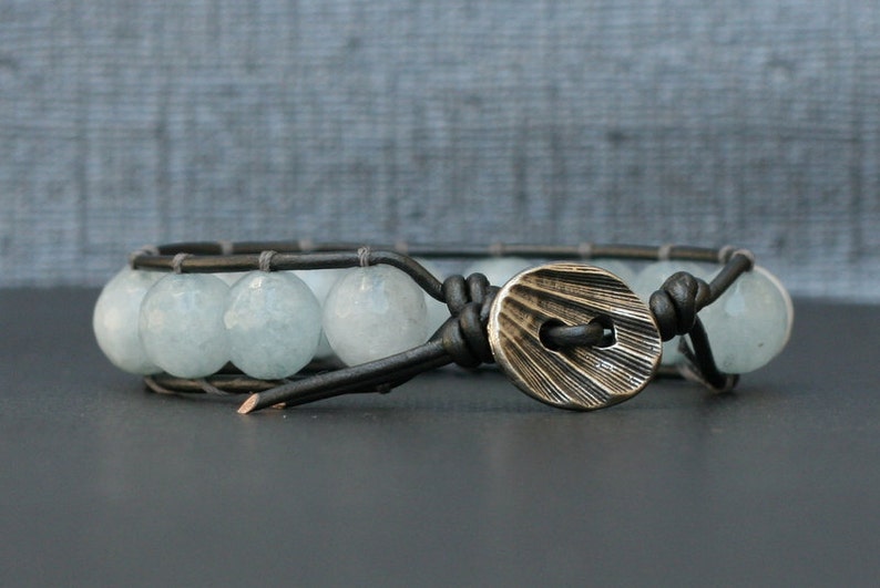 aquamarine bracelet single wrap bangle on pewter leather boho gypsy bohemian beach jewelry light blue image 4