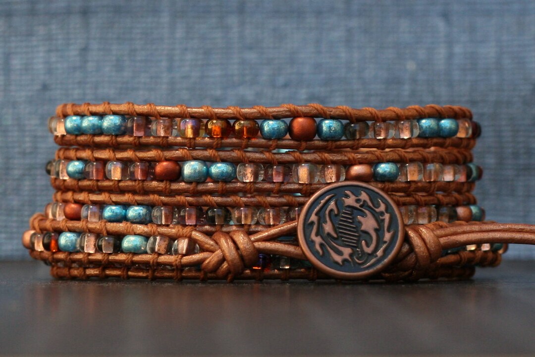 Buy Wrap Bracelet- Copper and Aqua Seed Bead Mix on Copper Leather- Fall  Fashion Modern Bohemian Beaded Leather Jewelry Burnt Orange Online in 