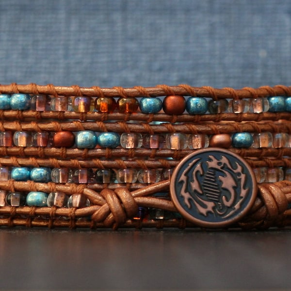 wrap bracelet- copper and aqua seed bead mix on copper leather- fall fashion - modern bohemian beaded leather jewelry - burnt orange