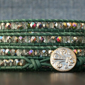 READY TO SHIP wrap bracelet - dark emerald green leather and clear iridescent crystal - seafoam green medium green - boho beach yoga jewelry