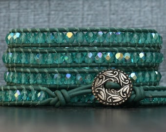 green crystal wrap bracelet - teal czech crystal on emerald green leather - bohemian jewelry - boho fashion - beach yoga