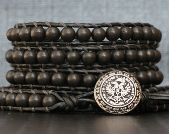 wrap bracelet- frosted hematite on pewter leather - grey gray silver gunmetal