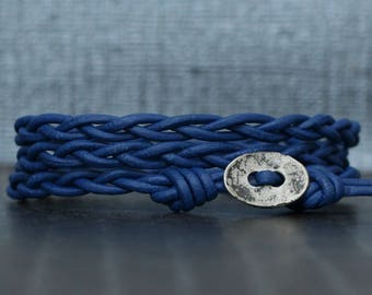 blue leather wrap bracelet - braided royal blue with distressed silver button - simple bohemian jewelry - casual jewelry
