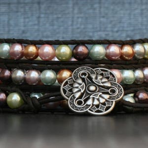 READY TO SHIP pearl wrap bracelet- pastel glass pearls on black brown leather- beaded boho bohemian jewelry - multicolored