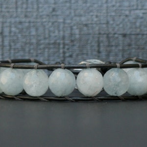 aquamarine bracelet single wrap bangle on pewter leather boho gypsy bohemian beach jewelry light blue image 2