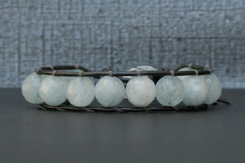 aquamarine bracelet single wrap bangle on pewter leather boho gypsy bohemian beach jewelry light blue image 2