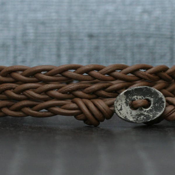 chocolate brown braided leather wrap bracelet with distressed silver button - casual bohemian - simple jewelry