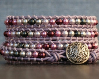 READY TO SHIP wrap bracelet- purple lavender silver grey gray ombre glass pearls on lavender leather