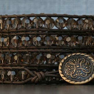 READY TO SHIP brown crystal wrap bracelet - champagne whiskey crystal on black brown leather - beaded leather