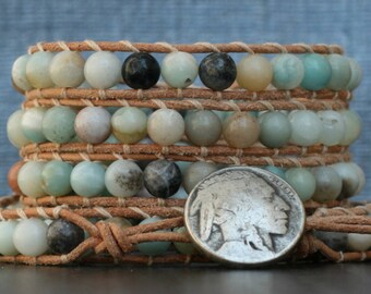 wrap bracelet- amazonite on natural leather- beaded leather jewelry