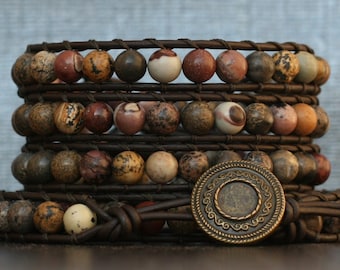 wild horse jasper on black brown leather - beaded leather wrap bracelet - grey gray gold dark brown