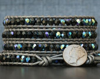 Crystal wrap armband-zilver grijze jet aurora borealis op zilver leer - kralen leer 5 wrap - boho zigeuner Boheemse