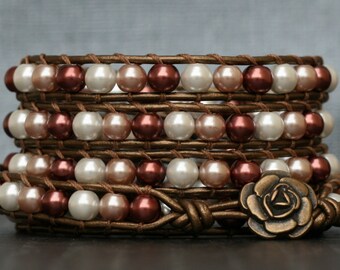 wrap bracelet beaded leather- chocolate brown, champagne and cream glass pearls on bronze leather - boho beach gypsy bohemian yoga wedding