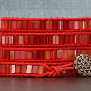 wrap bracelet fire dance tile beads on red leather orange pink gypsy bohemian boho hot colors image 3