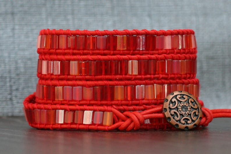 wrap bracelet fire dance tile beads on red leather orange pink gypsy bohemian boho hot colors image 3