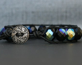 leather and crystal wrap bracelet - black with aurora borealis half finish