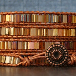 beaded leather wrap bracelet- butterscotch mixed czech glass tile beads on copper leather - gold golden - burnt orange