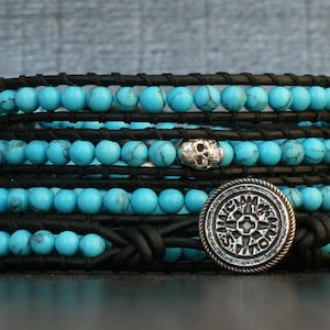 skull wrap bracelet- turquoise and silver skulls on black leather