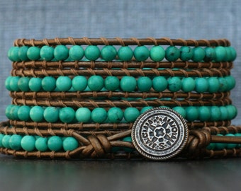 natural turquoise bracelet- blue green turquoise on bronze leather wrap bracelet- beaded - bohemian western jewelry