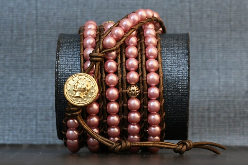 pearl wrap bracelet pink glass pearls with gold accents on bronze leather bohemian jewelry image 4