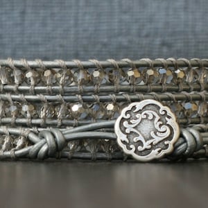 wrap bracelet- silver smoke crystal on silver leather- beaded leather 4 wrap bracelet