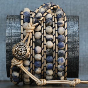 wrap bracelet sodalite on pearl white leather blue, white and silver sailor bracelet mens bracelet image 4