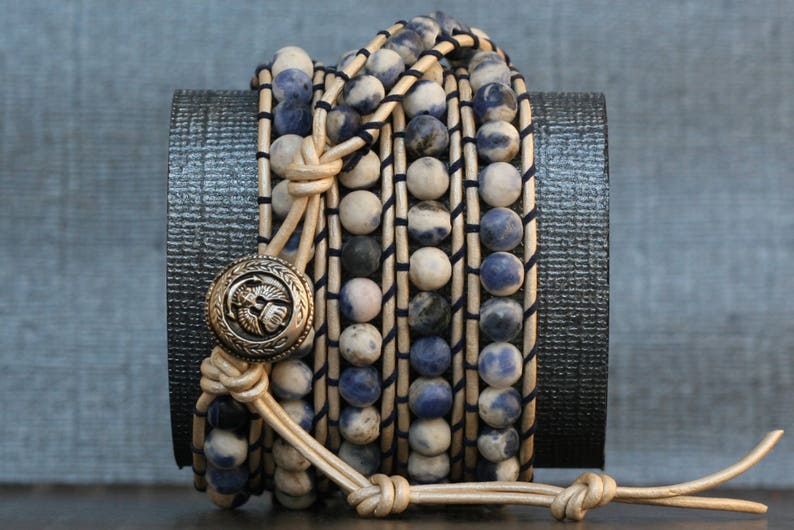 wrap bracelet sodalite on pearl white leather blue, white and silver sailor bracelet mens bracelet image 4