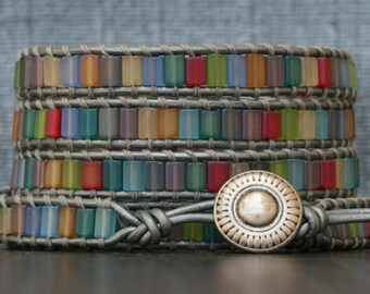 READY TO SHIP sea glass wrap bracelet- mixed frosted rainbow tile beads on silver leather- beach yoga - stained glass - boho gypsy bohemian