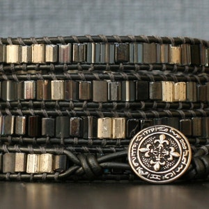 wrap bracelet- mixed gray and silver tiles on pewter leather- 5 wrap bracelet