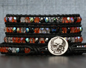 halloween jewelry - skull and crystal wrap bracelet - orange and black - day of the dead