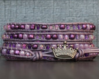 wrap bracelet - mixed purple seed beads on lavender leather - beaded simple casual bohemian jewelry - crown bracelet - princess