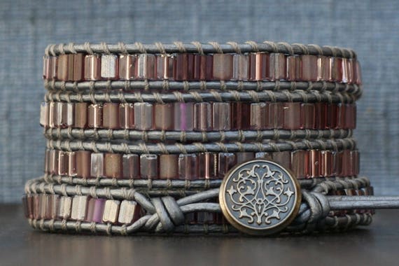 wrap bracelet- mixed purple tile beads on silver leather- bohemian jewelry - stained glass - beach glass