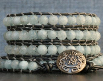 aquamarine wrap bracelet - light blue faceted beads on pewter leather - beaded